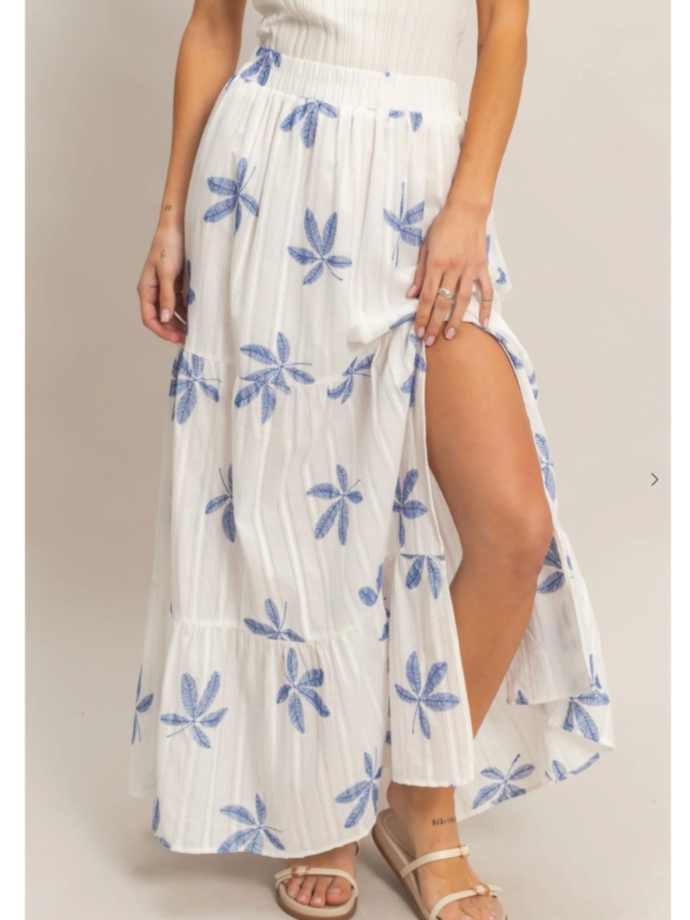 HYFVE Blue Botanical Vacation Tiered Maxi Skirt Side Slit Large